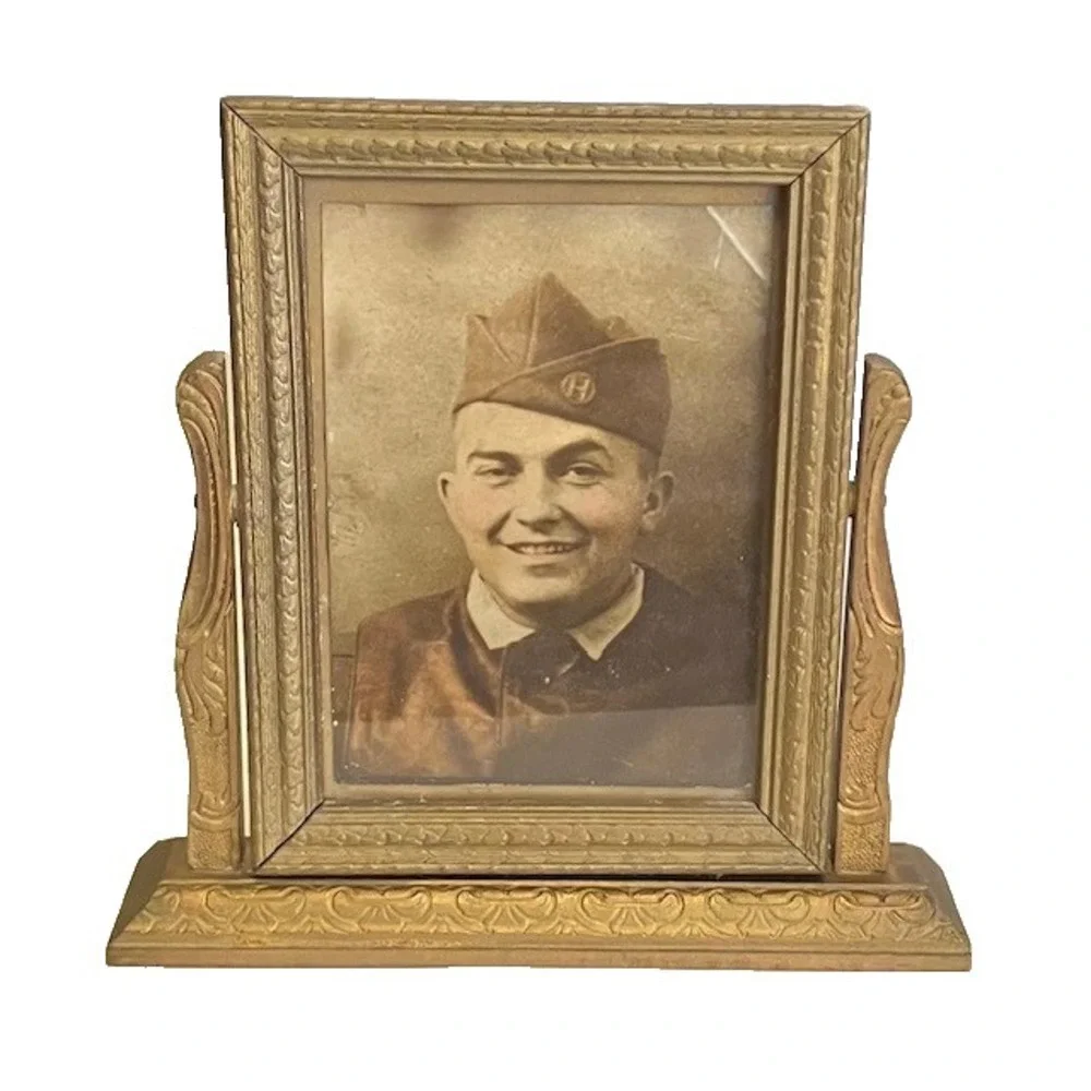 Antique Art Deco Wood Tabletop Swivel Swing Tilt Picture Frame  Military Soldier